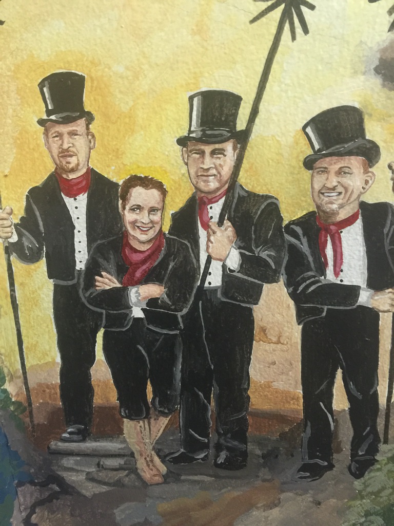 Painting of Ashbusters team-Three men with top hats and brushes and one woman with a scarf