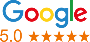 Graphic that Says Google with rainbow letter and 5.0  with five orange stars