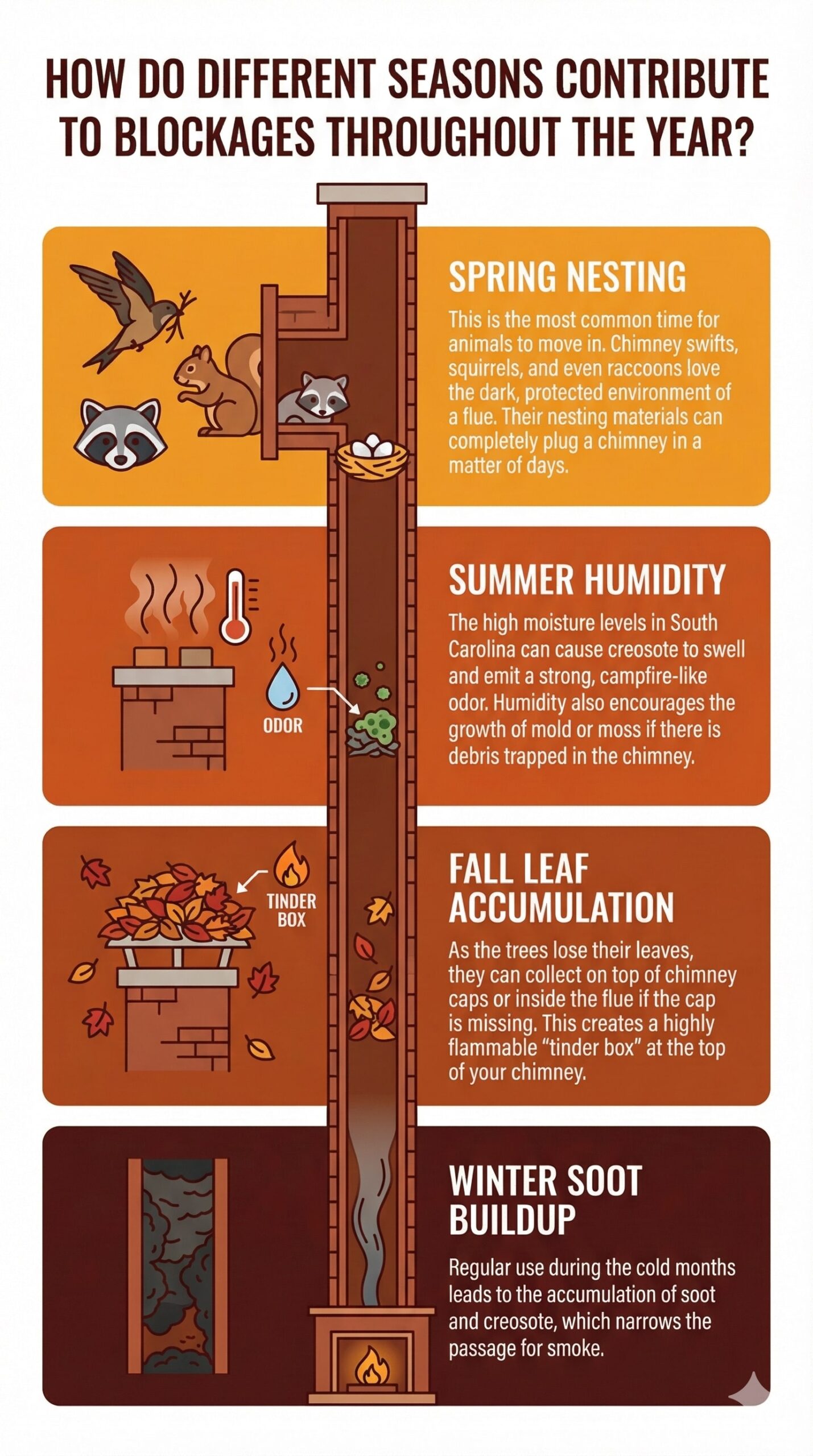 original infographic titled "How Do Different Seasons Contribute To Blockages Throughout The Year?" featuring a central vertical chimney flue divided into four color-coded seasonal segments. The top section, in golden yellow (#FAA41A), is labeled "Spring Nesting" and shows icons of a bird, squirrel, and raccoon alongside a nest, explaining that animals move into the dark flue and their nesting materials can plug it in days. The second section, in burnt orange (#B03F1A), is labeled "Summer Humidity" and features icons of a thermometer, water droplet, and odor waves to illustrate how high moisture in South Carolina causes creosote to swell, smell like campfires, and grow mold. The third section, also in a warm orange tone, is labeled "Fall Leaf Accumulation" and depicts a chimney cap overflowing with leaves marked as a "tinder box," warning that missing caps allow leaves to collect and create a fire hazard. The final section, in dark brown (#541F15), is labeled "Winter Soot Buildup" and shows a fireplace at the base of the flue with a cross-section of heavy soot narrowing the smoke passage, noting that regular use during cold months leads to creosote accumulation.